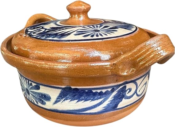Traditional Mexican Barro Bean and Chili Pot Handcrafted Clay Pot, 10 Inches Wide, Stovetop & Oven Safe, with Blue Accents Perfect for Cooking and Serving