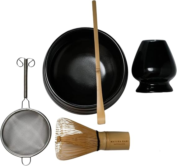 Matcha Kari Matcha Whisk Set - Ceramic Bowl, Sifter & Scoop - Black