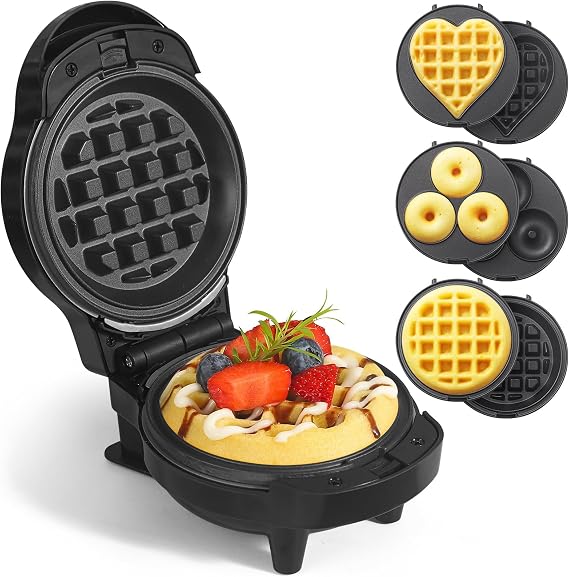 3 in 1 Waffles Maker with 6 Removable Plates- Waffle, Heart Waffle, Donut
