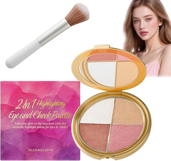 Highlighting Cheek Palette & Eyeshadow Palette,4-In-1 Face Palettes with Metallic Shimmer Eyeshadow, Highlighter & Blush, Multi-Purpose Makeup Palettes Contour Kit for Women (Four-in-one, 8.8g)
