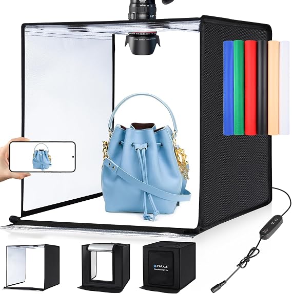 Photo Box, PULUZ 24"x24" Photo Studio Light Box for Photography Portable Large Lightbox Photo Booth Kit with 6 Colors Photo Backdrops-Dimmable 120pcs LED Beads, 5500K Lighting, US Plug