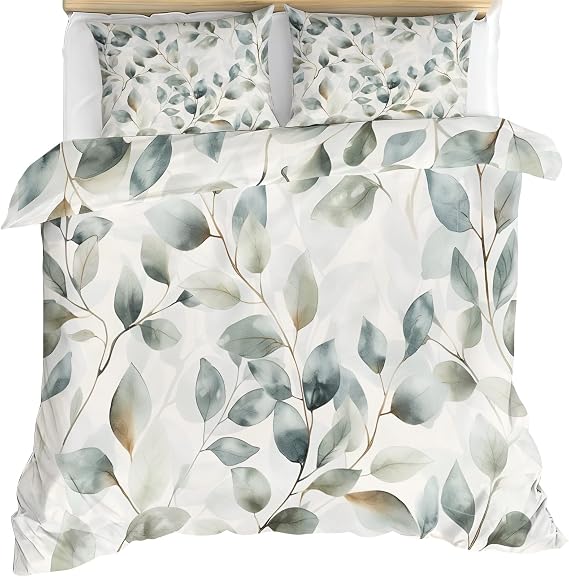 Leaf Comforter Cover 120" x 98", Eucalyptus Leaves Bedding Oversized King Size, Grey Botanical Leaves Duvet Cover with 2 Pillowcases