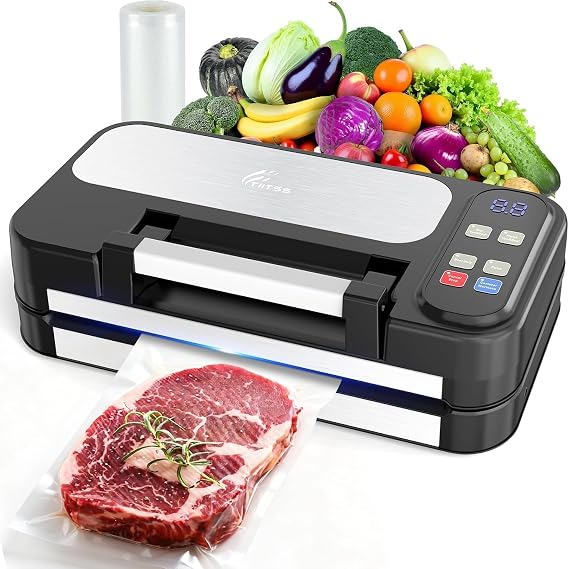 95kpa Vacuum Sealer for Food, 125W Food Saver Vacuum Sealer Machine, 10-in-1 Compact Meat Vacuum Packing Machine with Bags Storage, Built-in Cutter, Easy-Lock Handle, Ideal for Home and Commercial Use
