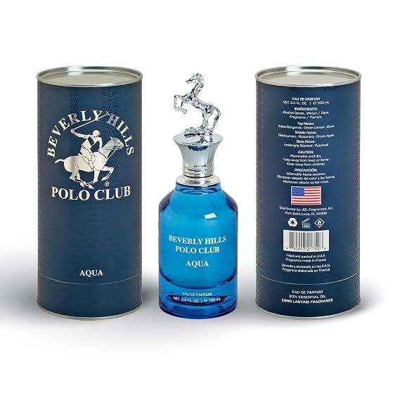 Beverly Hills Polo Club AQUA Eau de Parfum for Men - 3.4 Fl Oz (100ml) Long-Lasting Aquatic Fragrance | Sophisticated Scent with Iconic Metal Horse Cap & Premium Cylinder Gift Box