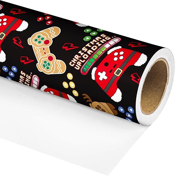 Dtiafu Gaming Christmas Wrapping Paper Roll for Boys Kids Funny Video Game and Christmas Uploading Words Design Xmas Gift Wrap for Holiday Winter Party Celebration - Total 28.5sq.ft