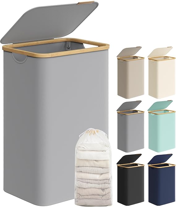 SONGMICS 90L Laundry Basket with Lid, Laundry Hamper with Bamboo Handles