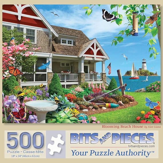 Bits and Pieces Blooming Beach House Coastal Jigsaw Puzzle by Artist Alan Giana Floral Beach Cottage & Seaside Landscape Puzzle for Adults (500 Piece Puzzle 18" x 24")