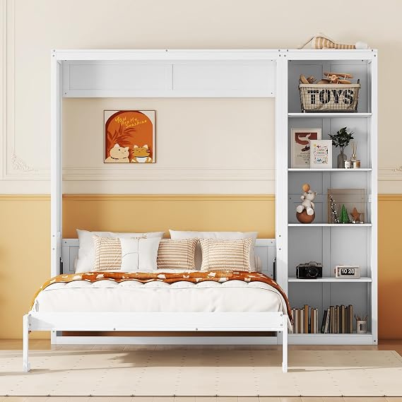 SOFTSEA Full Murphy Bed Wall Bed with Shelves Hide a Bed on a Cabinet for Guest Room Home Officce Space Saving Bedroom Furniture