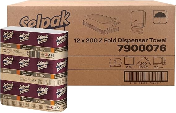 Selpak Professional Z Fold Paper Towels, 2ply Paper Hand Towels Disposable 12x200, (Total 2400), Absorbent White Paper Towel Ideal for Individuals/Businesses, Paper Hand Towels for Dispenser