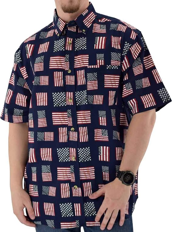 Mens 100% Cotton Woven Fabric Patriotic Polo Shirt We The People, USA Flag, USA Rushmore (L, ALLFLG-WOVEN)