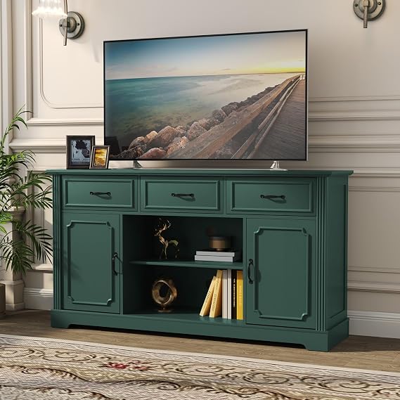ARTPOWER Mid Century Wood TV Stand with 3 Drawers for TV up to 65", Green | Television Cabinet with Adjustable Shelves, Entertainment Center with Storage, Console for Living Room