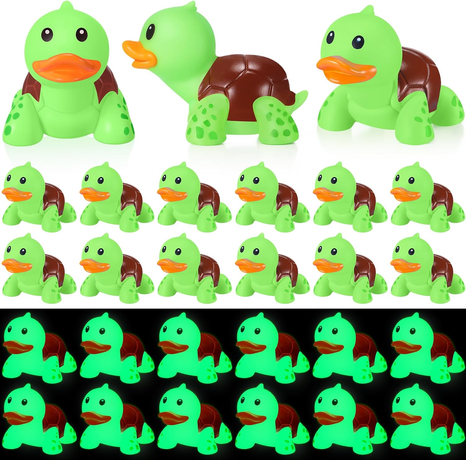 HyDren 24 Pcs Glow in The Dark Rubber Turtle Duck Operation Christmas Cute Bulk Mini Halloween Duck Child Items Rubber Toys Floating Bathtub Favors for Christmas Carnival Party GiftsGreen