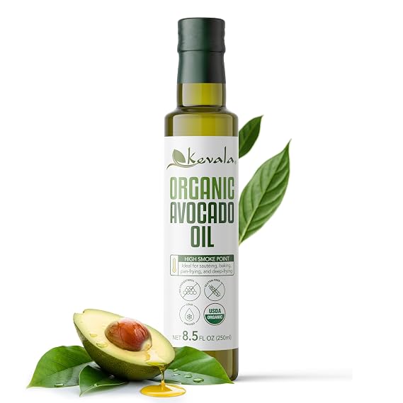 Kevala Organic Avocado Oil - 8.5 oz, 250 ml, Cold Pressed Avocado Oil for Cooking, Organic Vegetable Oil Option, High Smoke Point, Gluten Free Base for a Vegetable Salad Dressing, Skin Care Uses