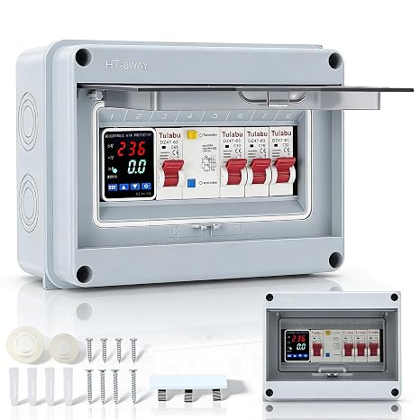 Surface-Mounted Fuse Box IP65 Distribution Box Surface-Mounted with Fi Circuit Breaker 32A 16A 10A AC Isolator Switch Power Distribution Box Circuit Breaker 63A for Workshop Home