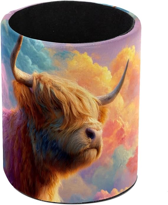 Rainbow Highland Cow Pen Holder for Desk, PU Leather Pencil Holder Pen Cup Marker Holder Makeup Brush Holders, Desk Accessories & Workspace Organizers for Home, Office