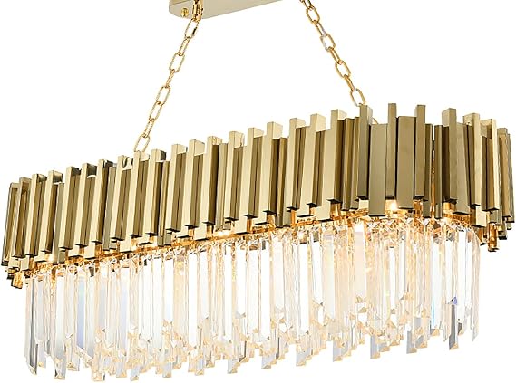 Modern Crystal Chandelier,Luxury LED Pendant Light Fixture Oval Raindrop Chandelier Adjustable Height for Villa Hotel Living Room Dining Room Kitchen Island-Gold 80x30cm