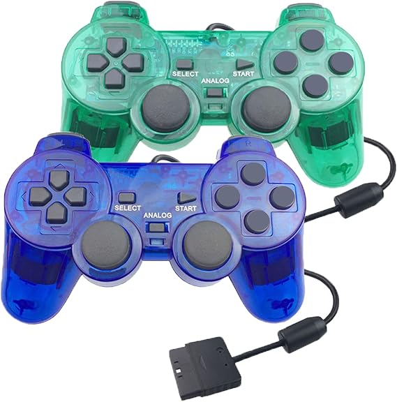 Hovlian 2 Pack PS2 Wired Controller,Double Shock Gamepad Compatible with PS2 Controller (Clear Blue and Clear Green)