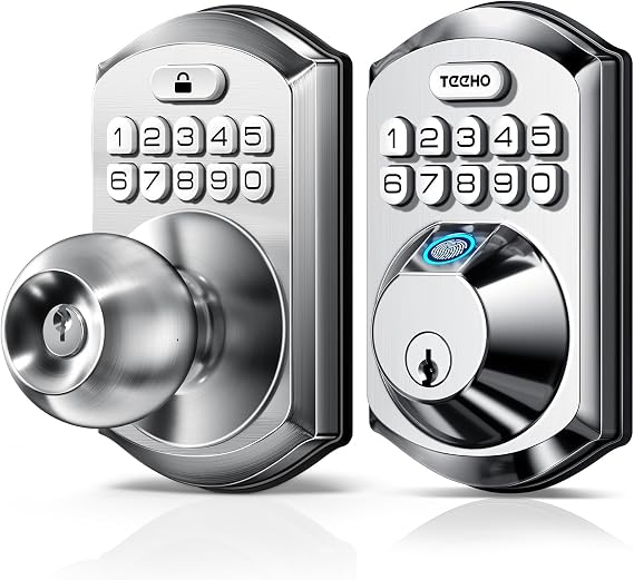 TEEHO Fingerprint Keyless Entry Keypad with Handle, Electronic Digital Smart Locks for Front Door, Easy to Install Deadbolt with Code for Bedroom, Anti-Peeping Password, Satin Nickel