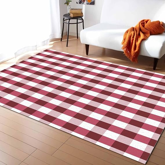 Area Rug 2'x3' Burgundy White Buffalo Plaid Texture Washable Area Rugs Non Shedding Floor Carpet Rubber Backing Non-Slip Indoor Mats for Living Room Bedroom Kitchen