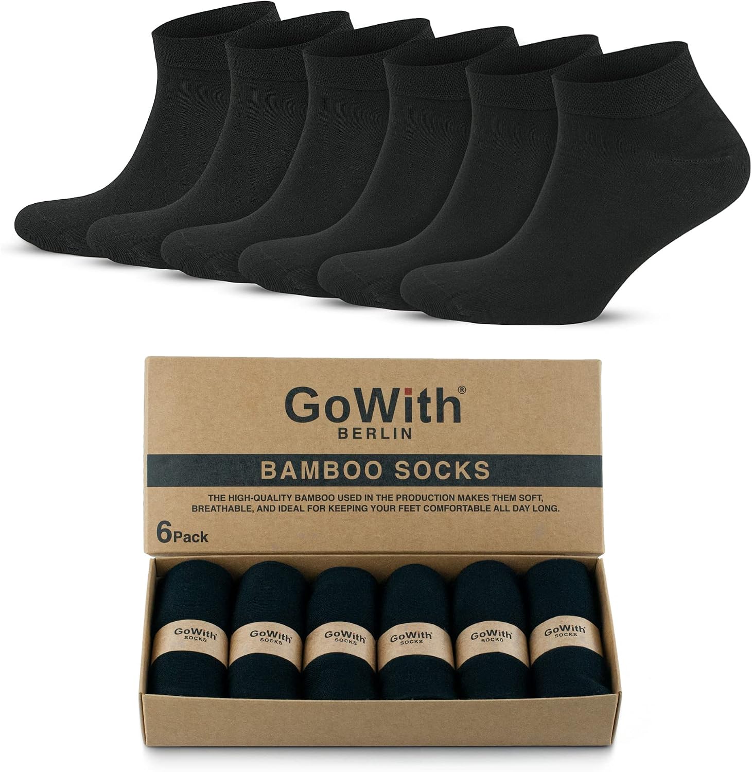 GoWith 6-Piece Bamboo Lycra Seamless 200 Needle Washed Flexible Non-Squeezing Black Short Mens Booty Socks 3112 with Quality Elegance Box