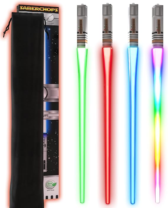 LIGHTSABER CHOPSTICKS LIGHT UP STAR LED WARS Glowing Light Saber Chop Sticks REUSABLE Sushi Lightup Sabers Removable Handle Dishwasher Safe 8 Color Modes 2 Pairs