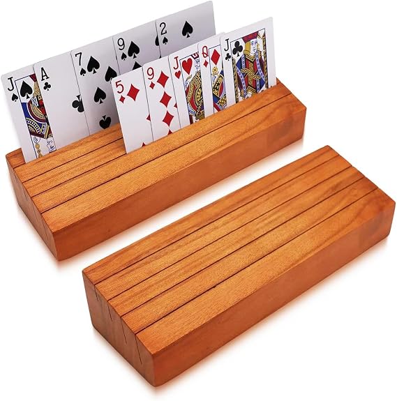 Set of 2 Wooden Playing Card Holders for Adults Organizer for Kids Seniors Kids Cards Holder Racks Stand Decks Hand Free Display (Orange)