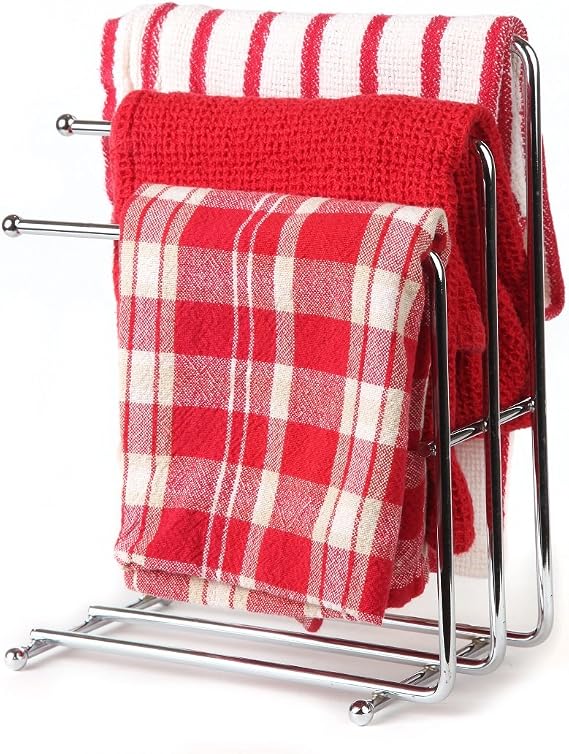 Home-X - Free Standing Towel Rack, Space Saving Kitchen Towel & Hand Towel Rack Holds 3 Towels at Once, Polished Chrome Finish & Design Looks Great in Kitchens & Bathrooms (Towels Not Included)