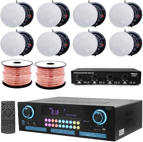 Home Theater Sound System Kit - 2000 W Bluetooth Amplifier w/ 8 Qty of 5.25" Frameless Ceiling Speakers 175 W Each, 4-Ch Speaker Selector w/Volume Control, 500 ft Speaker Wire & Remote - Vaiyer