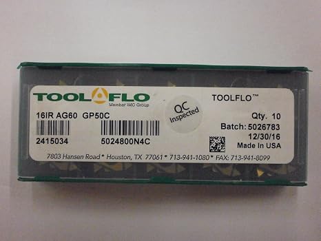10pc) ToolFlo 16IR AG60 GP50C Laydown Coated Carbide 60 V Threading Inserts Internal Made in USA