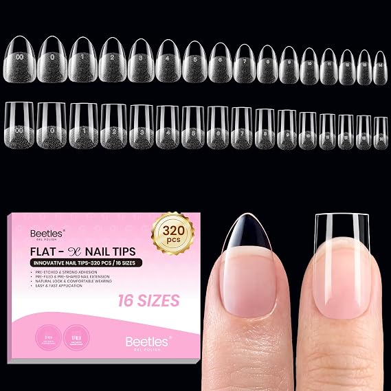 Beetles Gel Nail Tips Flat-X - Almond Square Short, 320pcs 16 Sizes, Pre-Etched Half Matte Full Cover Soft Acrylic False Nail Tips Easy DIY Press on Nail Extension Salon for Flat & Natural Nail Beds