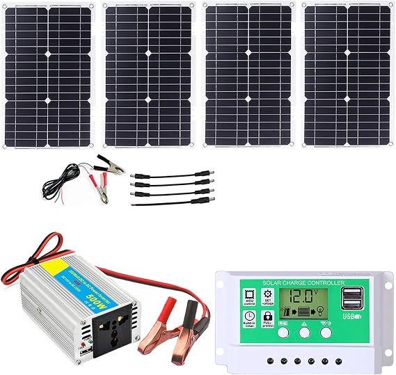 100W Solar Panel Kit with 300W/400W/500W/600W Car Inverter & 50A Solar Charge Controller - Complete Solar Power System for Home & Outdoor Use (CM500L)