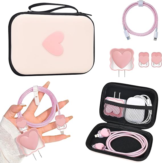 CameCosy DIY Phone Charger Case Storage Sets Earphone Wire Saver Cable Protector with Travel Storage Bag, Soft Cute Cable Charger Protector Cord Organizer for iPhone (Pink Love Heart)