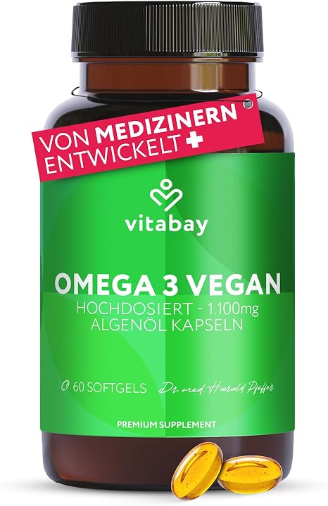 Vitabay Omega 3 Vegan 60 Capsules with 1100 mg Pure Algae Oil with Vitamin