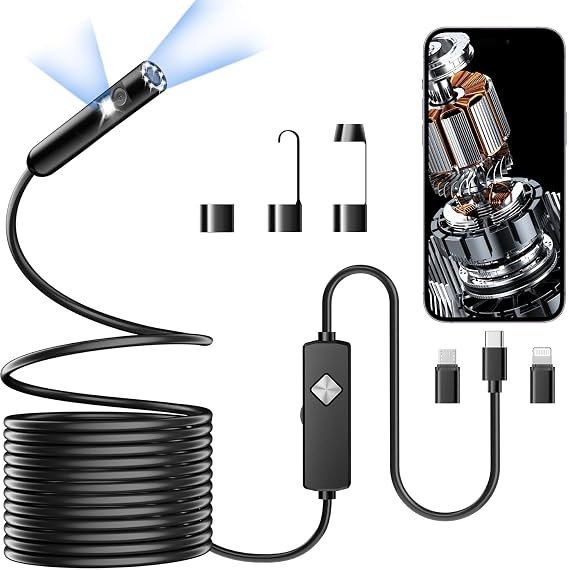 Endoscope with Light, 1920P HD Borescope with 8 Adjustable LED Lights, Semi-Rigid Snake Camera, IP67 Waterproof Inspection Tool (9.8ft, Black + Dual Lens Wiring Harness)