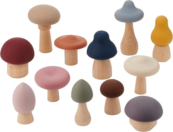 tickit SiliSoft Woodland Mushroom Set | 12 Soft Silicone & Wooden Mushrooms for Sensory Play, Motor Skills & Imaginative Small-World Adventures