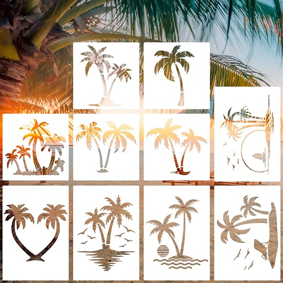 10pcs Palm Tree Stencil for Painting, 2 Sizes Reusable Summer Beach Stencils Tree Templates for Painting on Walls Canvas Furniture DIY Crafts