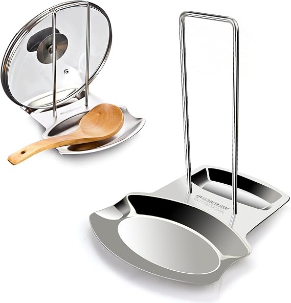 Yummy Sam Pot Lid Holder and Spoon Rest, Stainless Steel Utensils Lid Spoon Holder Ladle Rest Pot Lid Rack Shelf Stand Holder Multifunctional Storage Rack Stove Organizer (Silver)