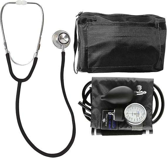 MABIS Blood Pressure Cuff and Dual Head Stethoscope Kit, Combination Home Sphygmomanometer with Calibrated Nylon Cuff, Professional Quality, Carrying Case, Black