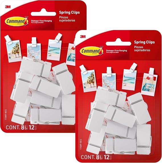 Command Spring Clips 2-Pack (16 Clips + 24 Adhesive Strips), White Damage-Free Hanging of Photos, Notes, Lightweight Decorations, and Office Organization No Tools Required