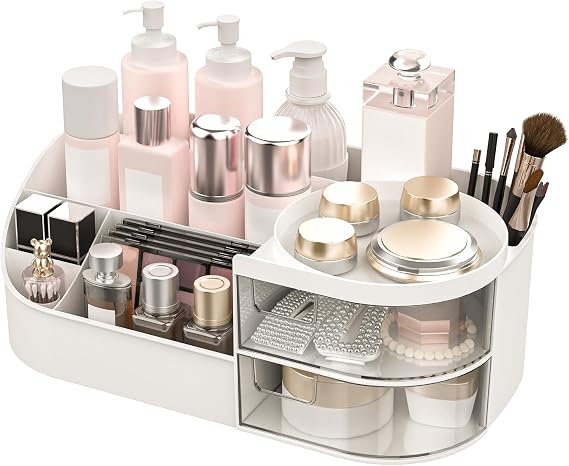 Makeup Organiser, Large Capacity Cosmetic Organisers for Beauty Skincare Jewelry, Make Up Storage Cosmetic Dressing Table Organiser Makeup Box with Drawer for Bedroom Bathroom Dresser Office (White)
