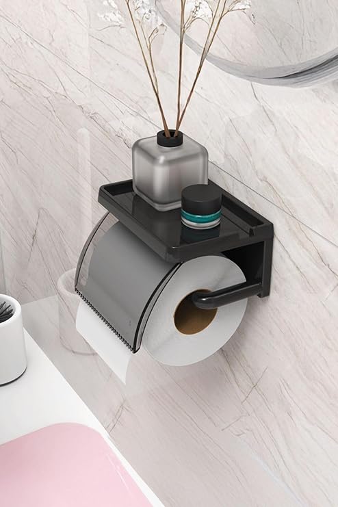 ATA HOME Yapışkanlı Kapaklı Tuvalet Kağıdı Askısı Banyo Tuvalet Kağıtlığı Aparatı Peçetelik Organizer Plastik, Siyah