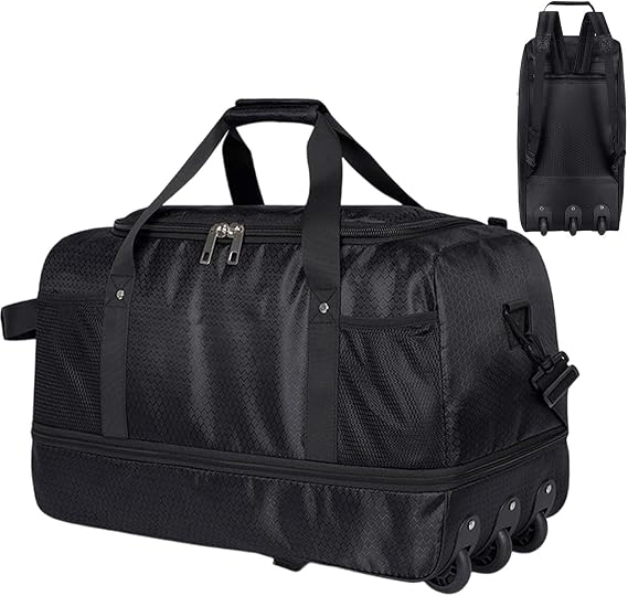 60L Lightweight Wheeled Duffle Holdall Bag Expandable Rolling Travel Luggage Bag with Wheels Waterproof Large Underseat Cabin Overnight Bags Foldable Hand Luggage for Men Women Black