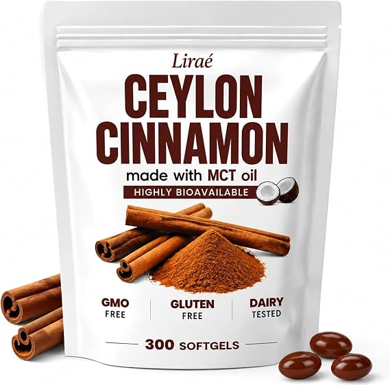 Lirae Ceylon Cinnamon Softgels,300 Softgels Equivalent with Mct Oil,Extra Strength Cinnamon Supplements,Non-GMO, Gluten Free (1)