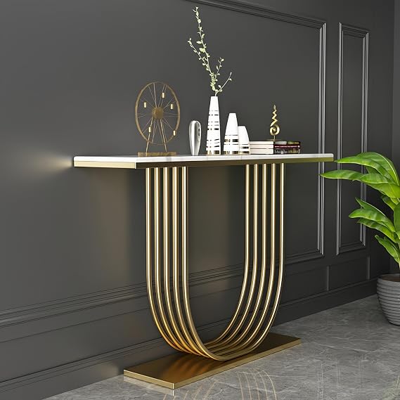 Modern Console Table Narrow Sofa Table, 35.4" High White Marble Accent Table for Hall Marble Ultra Narrow Entry Entry Cupboard Entry Table (Gold, 39.4" L x 11.8" W x 35.4" H)