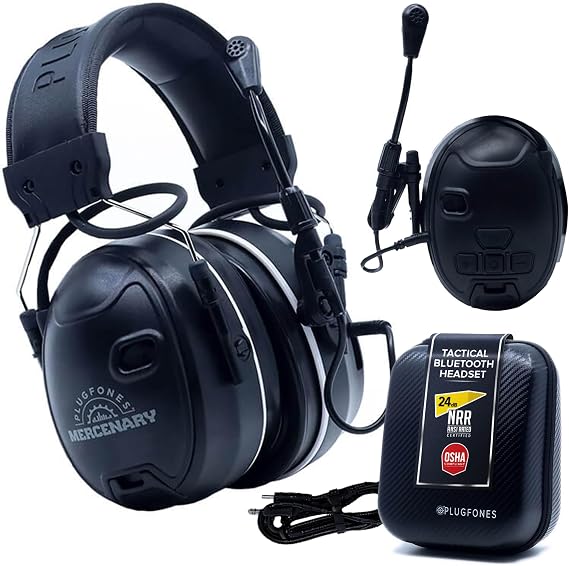 Plugfones Mercenary Bluetooth Earmuffs, Electronic Shooting Ear Protection | 24dB NRR Noise Reduction, Hearing Safety Headphones, 5 Level Ambient Sound, Boom Mic, 60 Hr Battery, Work, Mowing, Gun Range