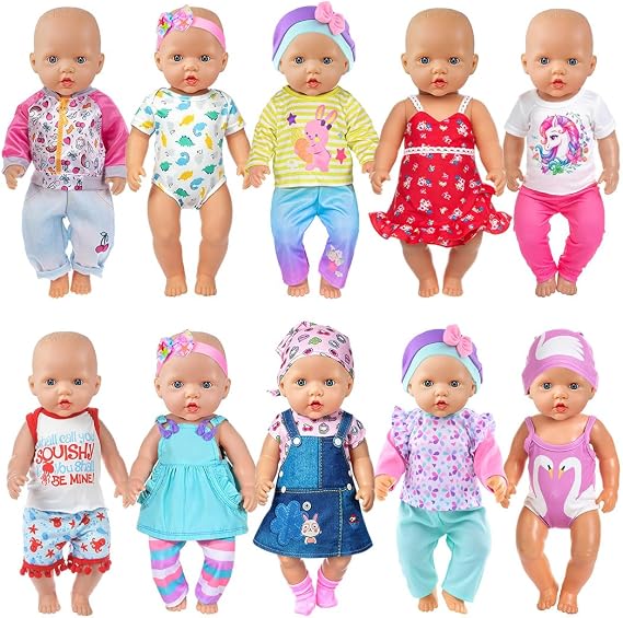 ebuddy 10 Pack Baby Doll Clothes for 15-18 Inch Dolls, Cute Fashion Doll Clothing Set with Matching Headbands, Fits 15" 16" 17" Reborn Baby Dolls, 18" Newborn Dolls Gift for Girls (Doll Not Included)