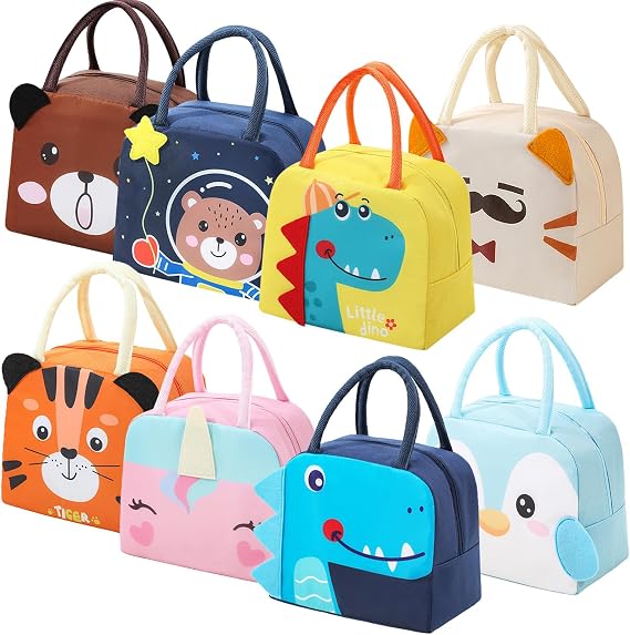 8PCS Lunch Bags Insulated Bento Bags Cute Lunch Tote Bag Small Cooler Bags Reusable Lunch Bag Waterproof Cartoon Lunch Box Bag for Work Picnic (Animal Series 8 PCS)