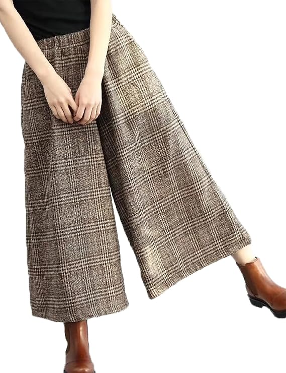 Flygo Womens Spring Fall Fashion Retro Loose Plaid Wool Blend Wide Leg Cropped Pants Culottes