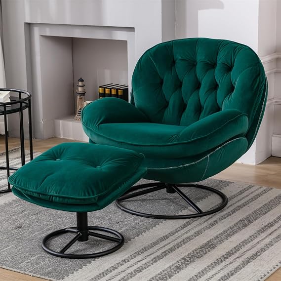Velvet Lazy Chair with Ottoman, Modern Lounge Accent Chair, Reading Chair with Footrest, for Living Room, Lounge, Makeup Room, Bedroom, Green