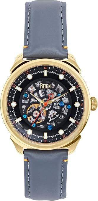 REIGN Weston Automatic Skeletonized Leather-Band Watch - Gold/Grey